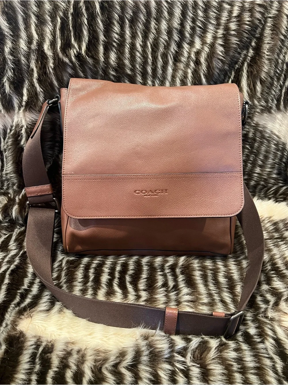 Coach Men’s Brown Leather Messenger Bag with Dark Brown Web Strap